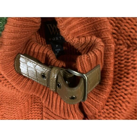 Womens Gorgeous Burnt Orange Sweater SZ Petite Leather Collared Cardigan - Picture 8 of 16